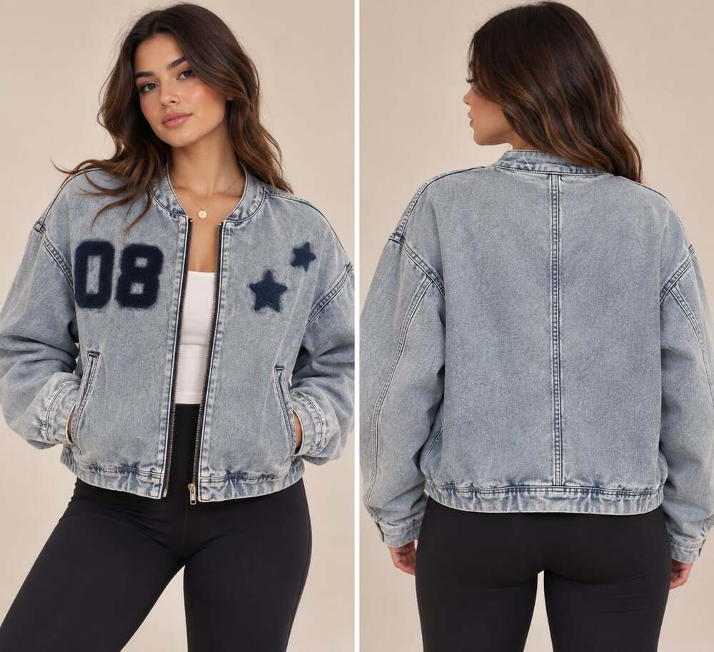 Y2K Varsity Washed Denim Bomber Jacket Star 08 Streetwear